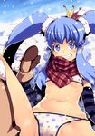  1girl artist_request bikini blue_eyes blue_hair boots cameltoe crown cure_princess detached_sleeves fang gloves happinesscharge_precure! long_hair partially_visible_vulva precure scarf shirayuki_hime smile snow solo swimsuit tasaka_shinnosuke twintails 