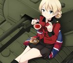  bad_id bad_pixiv_id bitte_(food) black_tea blonde_hair blue_eyes braid chocolate churchill_(tank) cup darjeeling flag_print from_above girls_und_panzer ground_vehicle highres holding looking_at_viewer looking_up military military_uniform military_vehicle motor_vehicle nksk pillow short_hair sitting skirt smile solo st._gloriana's_military_uniform tank tea teacup uniform union_jack 