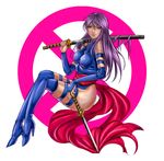  bad_id bad_pixiv_id blue_eyes blue_leotard bridal_gauntlets crossed_legs elbow_gloves gloves high_heels highleg highleg_leotard katana king_mary leotard long_hair looking_at_viewer marvel psylocke purple_hair sash sitting solo sword thighhighs wakizashi weapon x-men 