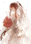  backlighting bare_shoulders bouquet breasts bridal_veil bride brown_eyes brown_hair cleavage dress elbow_gloves flower garter_straps gloves hair_flower hair_ornament hair_ribbon jewelry kantai_collection light_smile looking_at_viewer medium_breasts necklace nine_(liuyuhao1992) pendant petals ponytail red_flower red_rose ribbon rose solo strapless strapless_dress thighhighs veil wedding_dress white_background white_legwear yamato_(kantai_collection) zettai_ryouiki 