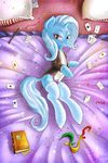  bed blue_fur book cards clothing cutie_mark equine female feral friendship_is_magic fshydale fur hair half-closed_eyes horn horse legwear looking_at_viewer lying magic_wand mammal my_little_pony on_side pillow pony purple_eyes smile solo stockings trixie_(mlp) unicorn 