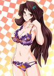  bra breasts brown_eyes brown_hair checkered checkered_background fue_(fuef) futatsuiwa_mamizou futatsuiwa_mamizou_(human) glasses hair_ornament hairclip highres large_breasts leaf leaf_hair_ornament md5_mismatch multicolored multicolored_bra multicolored_clothes multicolored_panties panties pince-nez smile touhou underwear underwear_only 