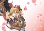  2girls artist_name blonde_hair blush brown_hair character_name christa_renz copyright_name cover cover_page dated doujin_cover emblem from_side gradient gradient_background hand_on_another's_head multiple_girls paradis_military_uniform pink_background shingeki_no_kyojin sora_(sky_s04) survey_corps_(emblem) touching upside-down ymir_(shingeki_no_kyojin) yuri 