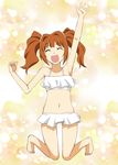  :d arm_up barefoot brown_hair closed_eyes idolmaster idolmaster_(classic) navel open_mouth short_hair short_twintails smile solo swimsuit takatsuki_yayoi twintails zerosu_(take_out) 