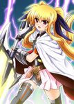  bardiche blonde_hair cape diesel-turbo fate_testarossa lightning long_hair lyrical_nanoha mahou_shoujo_lyrical_nanoha mahou_shoujo_lyrical_nanoha_a's mahou_shoujo_lyrical_nanoha_strikers red_eyes thighhighs twintails 