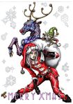  absurdres animal antlers araki_hirohiko_(style) beard bobblehat boots character_request christmas english eyelashes facial_hair gloves grey_background hat highres jojo_no_kimyou_na_bouken jojo_pose lipstick long_hair looking_at_viewer makeup male_focus merry_christmas monster parody pom_pom_(clothes) pose reindeer santa_boots santa_costume santa_gloves santa_hat silver_hair simple_background socks solo stand_(jojo) standing style_parody takumi_(marlboro) 