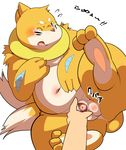  balls blue_eyes blush buizel censored chubby disembodied_hand duo flaccid hand hindpaw human japanese_text kemono lying male mammal nintendo one_eye_closed open_mouth paws penis pixiv plain_background pok&#233;mon pok&#233;morph pok&eacute;mon sigenoya solo solo_focus tears text uncut video_games white_background wink 
