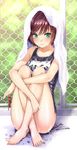  bad_id bad_pixiv_id barefoot brown_hair chain-link_fence crossed_legs feet fence food green_eyes leg_hug one-piece_swimsuit original popsicle school_swimsuit short_hair solo swimsuit toe-point toes towel towel_on_head wet zucchini 