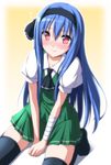  bandages blue_hair blush bow commentary cosplay embarrassed hair_bow highres hinanawi_tenshi konpaku_youmu konpaku_youmu_(cosplay) long_hair miniskirt nori_tamago red_eyes sitting skirt solo touhou very_long_hair wariza 
