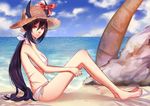  animal_ears bad_deviantart_id bad_id barefoot beach bikini black_hair blue_sky breasts cloud commentary day ears_through_headwear english_commentary hair_ribbon hat highres horizon horn_ribbon horns horns_through_headwear large_breasts long_hair nose ocean original outdoors ponytail red_eyes ribbon scar side-tie_bikini sitting sky smile solo sun_hat swimsuit very_long_hair water whither_laws 