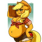  abstract_background anthro anthrofied apple applejack_(mlp) arnachy blonde_hair blush bucket clothing cowboy_hat equine female freckles friendship_is_magic fruit fur green_eyes hair hat holding horse long_hair mammal my_little_pony orange_fur pony pregnant solo sweat 