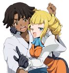  1girl ;d bad_id bad_pixiv_id black_hair blonde_hair blue_eyes blush blush_stickers breasts brown_eyes cravat dark_skin dress drill_hair embarrassed gloves gundam gundam_build_fighters hairlocs japanese_clothes medium_breasts nils_nielsen one_eye_closed open_mouth simple_background smile sweatdrop white_background yajima_caroline yamasae 