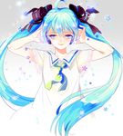  ahoge aqua_eyes aqua_hair arms_up hair_ribbon hands_on_headphones hatsune_miku headphones long_hair platina77 ribbon smile solo twintails very_long_hair vocaloid 