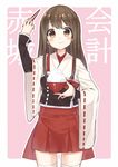  adapted_costume akagi_(kantai_collection) brown_eyes brown_hair chopsticks food food_on_face japanese_clothes kantai_collection long_hair masuishi_kinoto ribbon-trimmed_sleeves ribbon_trim rice side_ponytail smile solo thighhighs translated 