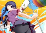  :p absurdres akechi_shizuku ass bandages basketball basketball_hoop bike_shorts black_hair brown_eyes from_behind hair_ribbon hanamonogatari highres kanbaru_suruga long_hair looking_back monogatari_(series) ribbon school_uniform shorts shorts_under_skirt skirt solo tongue tongue_out twintails 