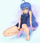  :3 ahoge arm_support bad_id bad_pixiv_id bare_legs bare_shoulders barefoot blue_hair breasts colored_pubic_hair covered_nipples ecchi_pantsu green_eyes highres izumi_konata leaning_back long_hair looking_at_viewer lucky_star medium_breasts mole mole_under_eye one-piece_swimsuit pubic_hair pussy solo swimsuit swimsuit_aside uncensored 