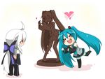  &gt;_&lt; :d ahoge albino aqua_hair blush chaotic_dragon chibi chocolate chocolate_statue closed_eyes commentary_request detached_sleeves hair_ribbon hatsune_miku heart long_hair midriff multiple_girls necktie one_eye_closed open_mouth pale_skin ponytail red_eyes ribbon skirt smile standing standing_on_one_leg statue sweatdrop thighhighs twintails valentine very_long_hair vocaloid voyakiloid white_hair xd yowane_haku yuri 