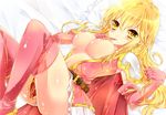  bad_id bad_pixiv_id bariko belt blonde_hair blush boots breasts breasts_outside dress elbow_gloves finger_to_mouth fire_emblem fire_emblem:_seisen_no_keifu gloves lachesis_(fire_emblem) large_breasts long_hair lying navel nipples on_back open_clothes open_dress pillow pink_dress pink_footwear pink_gloves pink_legwear solo thighhighs yellow_eyes 