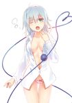  breasts collarbone duplicate green_eyes groin heart heart_of_string komeiji_koishi long_sleeves looking_at_viewer medium_breasts midriff navel one_eye_closed open_clothes open_shirt panties panty_pull shirt silver_hair simple_background solo striped striped_panties third_eye touhou underwear white_background yawning yonaga_(masa07240) 