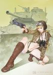  amatiz america binoculars blonde_hair blue_eyes boots breasts cleavage goggles goggles_on_head ground_vehicle gun handgun hat helmet highres jacket large_breasts light_tank long_hair m1911 m24_chaffee military military_vehicle motor_vehicle navel one_knee original pistol solo tank trigger_discipline war weapon world_war_ii 