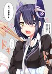  bandages blush breasts chopsticks eyepatch feeding food food_on_face gloves headgear kantai_collection large_breasts necktie oga_raito open_mouth purple_hair rice school_uniform short_hair solo_focus tenryuu_(kantai_collection) translation_request yellow_eyes 