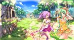  aisha_(elsword) battle_magician_(elsword) blush breasts day elsword gloves green_eyes green_hair gumi highres long_hair looking_at_viewer medium_breasts multiple_girls nazu-na open_mouth orange_skirt outdoors purple_eyes purple_hair purple_skirt ruins short_hair skirt staff twintails vocaloid 