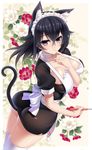  animal_ear_fluff animal_ears ass black_hair breasts cat_ears cat_tail dragonmaterial finger_to_mouth flower highres konohana_enishi large_breasts light_smile long_hair looking_at_viewer maid maid_headdress original purple_eyes solo tail thighhighs thighs white_legwear 