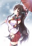  breasts brown_eyes brown_hair hair_ornament kantai_collection large_breasts light_smile long_hair looking_at_viewer masuishi_kinoto oriental_umbrella ponytail snowing solo thighhighs umbrella very_long_hair yamato_(kantai_collection) 