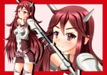  armor armored_dress bad_id bad_pixiv_id belt blush border breastplate dress elbow_gloves fire_emblem fire_emblem:_kakusei garter_belt gloves hair_ornament long_hair mau_(ryojiatom) pauldrons polearm red_border red_eyes red_hair short_dress smile solo tiamo weapon zoom_layer 