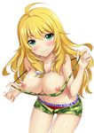  ahoge bad_id bad_pixiv_id blonde_hair blush breasts camouflage cleavage dog_tags french_maid green_eyes hoshii_miki idolmaster idolmaster_(classic) large_breasts long_hair looking_at_viewer navel nipples open_fly shiny shiny_skin short_shorts shorts simple_background smile solo strap_pull thigh_gap unzipped white_background 