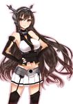  bare_shoulders black_hair breasts fingerless_gloves garter_straps gloves hands_on_hips headgear kantai_collection large_breasts long_hair masuishi_kinoto nagato_(kantai_collection) navel red_eyes smile solo thighhighs white_background 