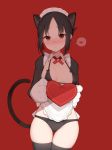  1girl animal_ears apron arapi bangs black_bow black_bra black_hair black_legwear black_panties blush bow bow_bra box bra breasts cameltoe cat_ears cat_tail collarbone detached_collar eyebrows_visible_through_hair folded_ponytail gift gift_box gloves hair_ribbon heart heart-shaped_box holding holding_gift kaguya-sama_wa_kokurasetai_~tensai-tachi_no_renai_zunousen~ long_sleeves looking_at_viewer maid maid_headdress medium_breasts panties parted_bangs paw_gloves paws red_background red_eyes red_ribbon ribbon shinomiya_kaguya sidelocks simple_background solo spoken_heart standing tail thigh_gap thighhighs underwear valentine white_apron 