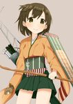  archery arrow blush bow_(weapon) brown_eyes brown_hair flight_deck gloves hakama_skirt highres hiryuu_(kantai_collection) japanese_clothes kantai_collection kyuudou long_sleeves muku_(muku-coffee) partly_fingerless_gloves radio_antenna short_hair side_ponytail single_glove skirt smile weapon wide_sleeves yugake 