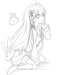  bunny chita_(ketchup) greyscale kantai_collection long_hair monochrome ribbon sitting solo uzuki_(kantai_collection) 
