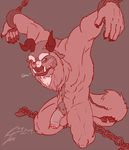  abs balls bdsm beast_(disney) beauty_and_the_beast body_hair bondage bound canine chain half-erect happy_trail horn humanoid_penis ishigray male mammal muscles penis pubes red_eyes restraints solo tusks uncut 