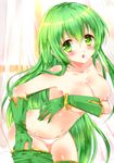  :o areola_slip areolae bad_id bad_pixiv_id bariko blush bracelet breasts covering covering_breasts fire_emblem fire_emblem:_seisen_no_keifu fury_(fire_emblem) gloves green_eyes green_hair green_legwear jewelry large_breasts long_hair navel panties solo surprised thighhighs topless underwear undressing very_long_hair white_panties 
