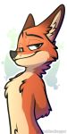  anthro canid canine confidence disney fox fur green_eyes half_naked looking_at_viewer male mammal nick_wilde orange_fur simple_background smile smirk smug solo standing_tall thatonedogger torso zootopia 