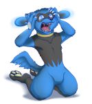  2016 4_toes 5_fingers alpha_channel anthro black_fur black_nose blue_fur canine crying featureless_crotch fur glowing glowing_eyes kneeling lurry male mammal nintendo nude open_mouth pok&eacute;mon pok&eacute;mon_(species) pok&eacute;morph raised_inner_eyebrows red_eyes riolu scared screaming simple_background solo tears toes tongue transparent_background uvula video_games 