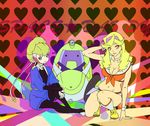  adelie_(space_dandy) arm_up bad_id bad_pixiv_id banned_artist blonde_hair bow breasts cleavage copyright_name grey_eyes hair_bow heart highres honey_(space_dandy) large_breasts long_hair looking_at_viewer multiple_girls navel orange_eyes ozaki_(nattohda) qt_(space_dandy) robot smile space_dandy 