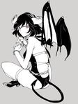  demon_girl from_behind grey_background horns kiguchiko looking_at_viewer looking_back monochrome short_hair simple_background sitting solo tail wings 