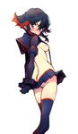  ass black_hair blue_eyes blush breasts embarrassed from_behind kill_la_kill looking_back matoi_ryuuko medium_breasts multicolored_hair pandaki_(aki) red_hair revealing_clothes senketsu short_hair sideboob skirt suspenders thighhighs two-tone_hair 