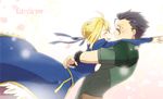  1girl ahoge artoria_pendragon_(all) black_hair blonde_hair fate/zero fate_(series) hair_bun hetero imminent_hug lancer_(fate/zero) noah_(livas) saber yellow_eyes 