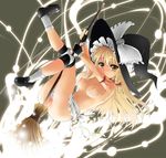  apron blonde_hair blush bow braid breasts broom fang fingerless_gloves gloves hair_bow hat kirisame_marisa loafers long_hair looking_at_viewer magic_circle medium_breasts naked_apron nipples pussy shoes single_braid smile solo toichi topless touhou waist_apron white_legwear witch_hat yellow_eyes 