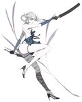  armpits asymmetrical_hair asymmetrical_legwear backless_outfit bandaged_arm bandaged_leg bandages bangs belt blunt_bangs braid breasts dual_wielding elbow_gloves flower frills from_side gloves hair_flower hair_ornament hair_rings high_heels holding holding_weapon jagged_sword kaine_(nier) lace lace-trimmed_panties leg_lift leg_warmers lingerie medium_breasts negligee nier nier_(series) outstretched_arm panties profile ribbon sasa0205 shoes sideboob silver_hair solo sword thigh_strap thighhighs underwear weapon white_panties white_skin yellow_eyes 