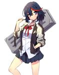  :&lt; black_hair blue_eyes bow case hand_in_pocket jacket kill_la_kill letterman_jacket matoi_ryuuko multicolored_hair pandaki_(aki) red_hair school_uniform short_hair skirt sleeves_rolled_up solo two-tone_hair 