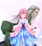  1girl bad_id bad_pixiv_id beard closed_eyes eyebrows facial_hair facing_viewer flower furomaaju_(fromage) gradient gradient_background grey_hair hair_flower hair_ornament highres japanese_clothes katana kimono konpaku_youki long_hair long_sleeves mustache obi parted_lips petals pink_hair profile robe saigyouji_yuyuko saigyouji_yuyuko_(living) sash sleeves_past_wrists sword touhou weapon wide_sleeves younger 