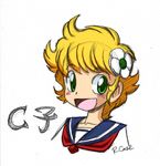  80s blonde_hair blush flower green_eyes hair_flower hair_ornament kotobuki_shiiko oldschool open_mouth project_a-ko robert_j_case school_uniform serafuku short_hair smile solo 