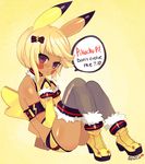  :&lt; animal_ears ankle_boots armband blonde_hair blue_(hopebiscuit) blush blush_stickers boots bridal_gauntlets dark_skin english flat_chest gen_1_pokemon grey_legwear personification pikachu pikachu_ears pikachu_tail pokemon pokemon_ears purple_eyes short_hair short_shorts shorts sitting solo tail thighhighs 