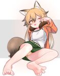  1girl ;p animal_ear_fluff animal_ears arm_up bangs bare_legs barefoot belt blonde_hair blush border drawstring eyebrows_visible_through_hair ezo_red_fox_(kemono_friends) feet foot_focus fox_ears fox_girl fox_tail full_body fur-trimmed_hood fur_trim gradient_hair green_skirt grey_background hair_between_eyes head_tilt highres hood hooded_jacket jacket kemono_friends kemono_friends_3 long_hair long_sleeves looking_at_viewer looking_to_the_side miniskirt multicolored_hair official_alternate_costume one_eye_closed open_clothes open_jacket orange_jacket outside_border panties pantyshot rubbing_eyes shirt sitting skirt soles solo spread_toes tail toenails toes tongue tongue_out tranqu underwear white_border white_shirt yellow_belt yellow_eyes yellow_panties 