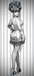  1girl alternate_hairstyle back-seamed_legwear bliss_barson bow breasts cryamore earrings fashion from_behind hair_bow high_heels highres jewelry large_breasts legs_crossed mole monochrome pantyhose robert_porter seamed_legwear smile solo striped sweater updo vertical_stripes 